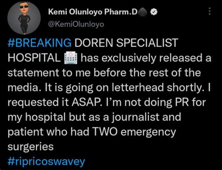 
“Rico Died From A One-car Drunk Driving Crash” – Kemi Olunloyo Alleges, Shares Hospital Statement 