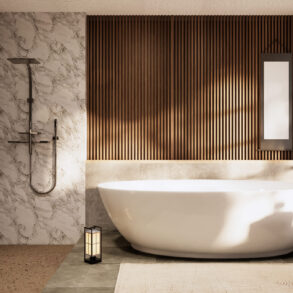 The Bath and toilet on bathroom japanese wabi sabi style .3D ren